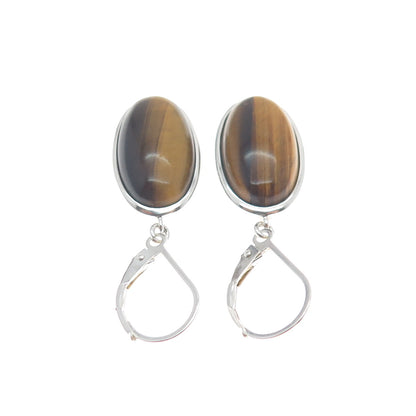 925 Sterling Silver Vintage Real Cabochon Tiger Eye Dangle Earrings
