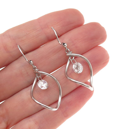925 Sterling Silver Vintage Italy Round-Cut C Z Modernist Petal Dangle Earrings