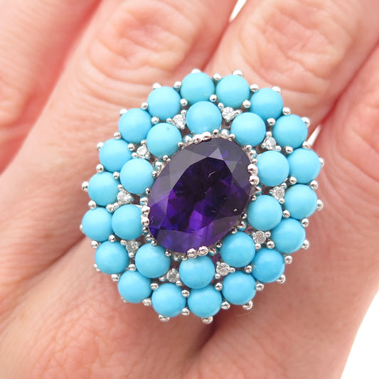 925 Sterling Silver Real Turquoise Amethyst & White Topaz Ring Size 8
