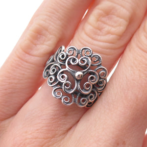 Beau Sterling Silver Antique Art Deco Floral Oxidized Adjustable Ring Size 5.25