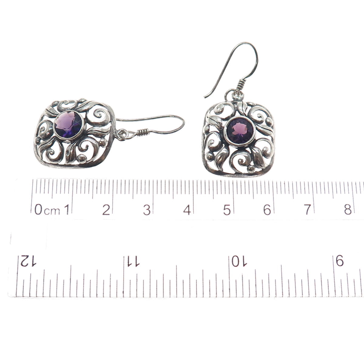 925 Sterling Silver Vintage Real Amethyst Floral Oxidized Dangle Earrings