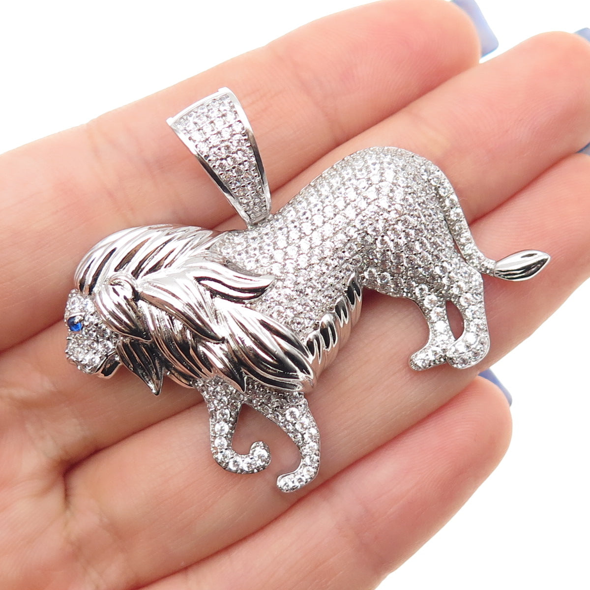 925 Sterling Silver Round-Cut Blue & White C Z Lion Charm Pendant