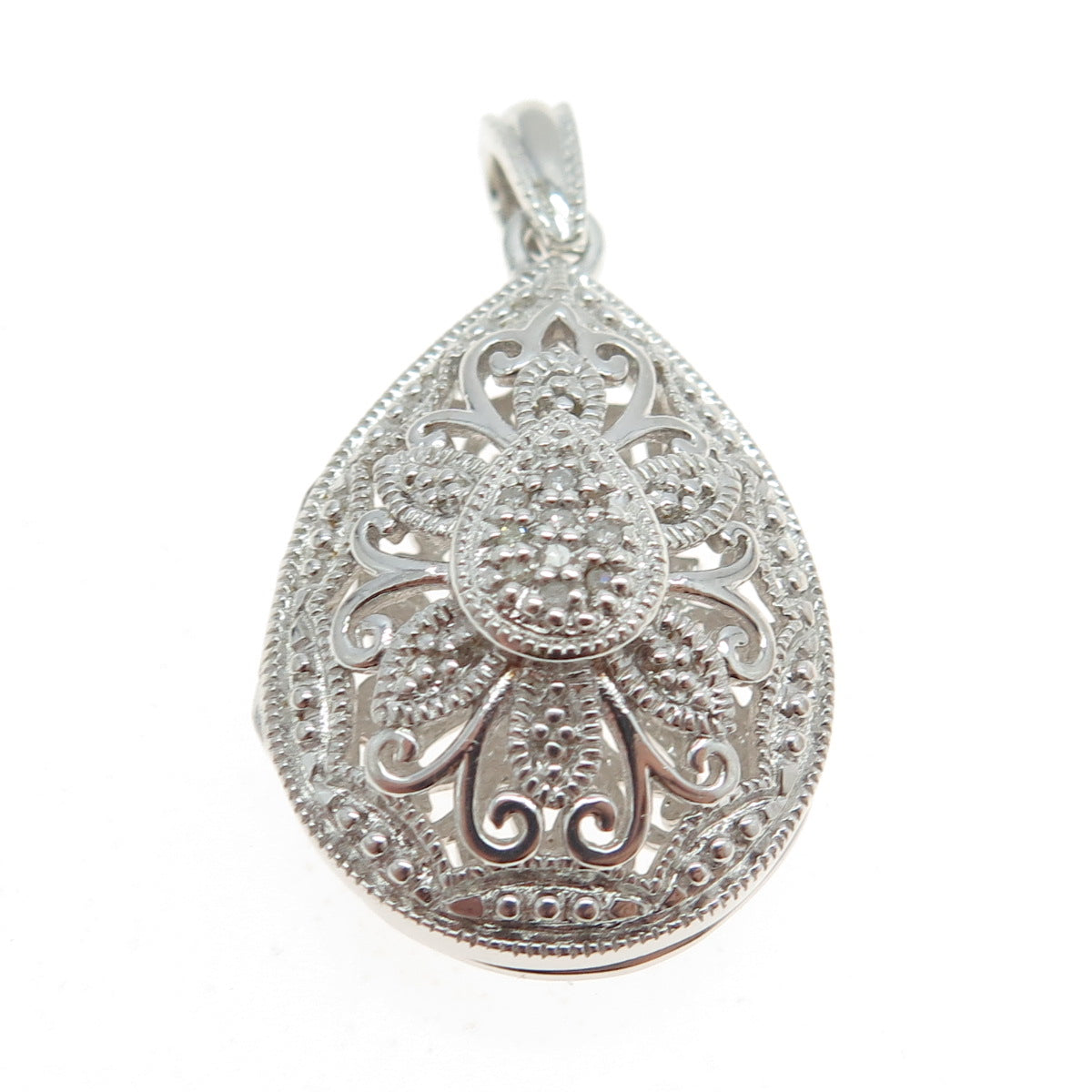 925 Sterling Silver Real Round-Cut Diamond Floral Teardrop Pendant