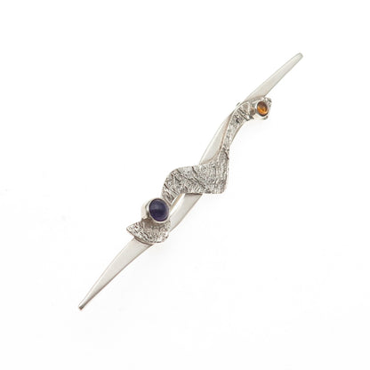 925 Sterling Silver Vintage Artisan Real Amethyst & Citrine Modernist Pin Brooch