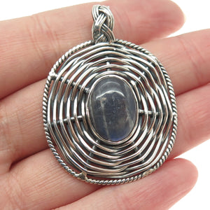 925 Sterling Silver Vintage Real Labradorite Modernist Wicker Oxidized Pendant