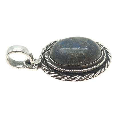 925 Sterling Silver Vintage Real Cabochon Lapis Lazuli Roped Oxidized Pendant