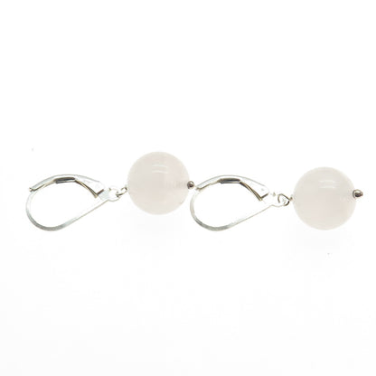 925 Sterling Silver Real Rose Quartz Ball Dangle Earrings
