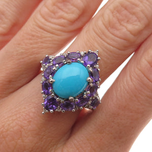 Chuck Clemency 925 Sterling Silver Real Turquoise & Amethyst Ring Size 8.25