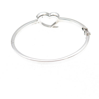 Dia 925 Sterling Silver Real Diamond Open Heart Bangle Bracelet 6.75"