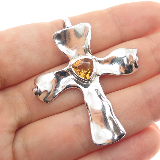 HAGIT GORALI 925 Sterling Silver Vintage Real Citrine Modernist Cross Pendant