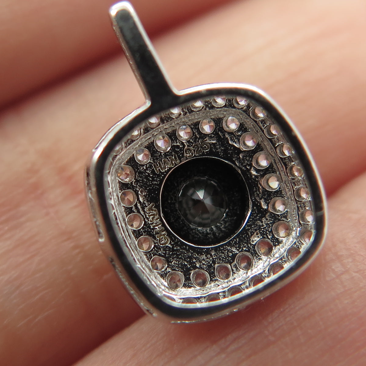 HAN925 Sterling Silver Real Black Spinel Gemstone & C Z Pendant