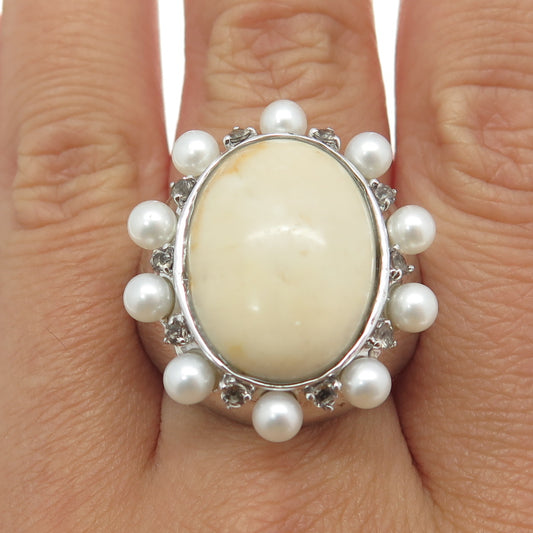 SAI 925 Sterling Silver Real Pearl Jasper & Smoky Topaz Statement Ring Size 7.5