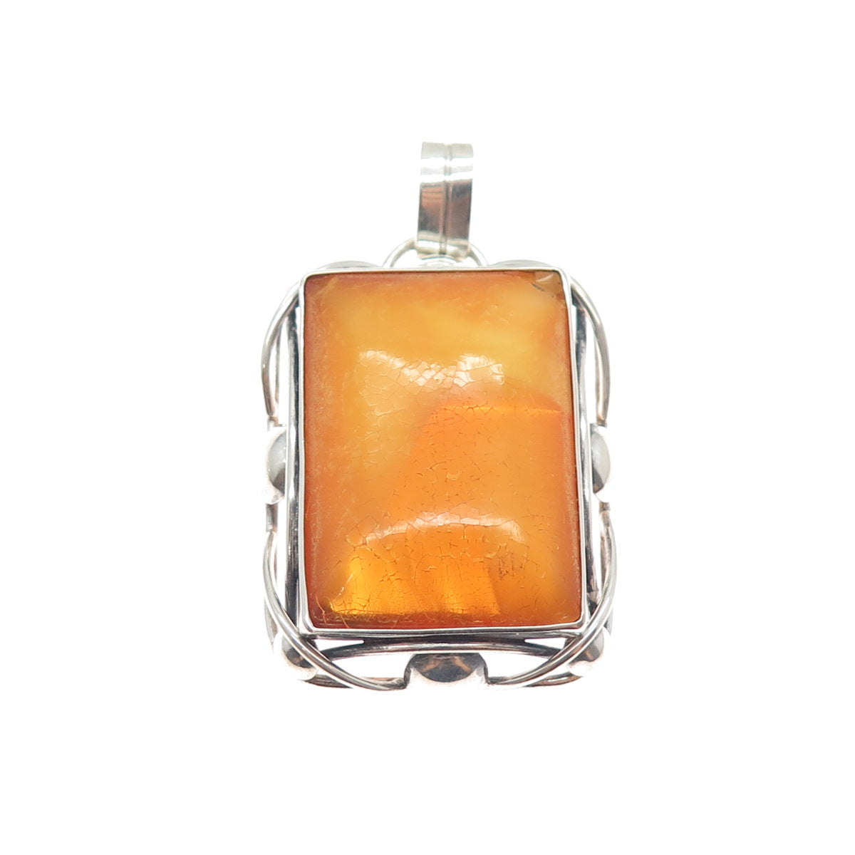 835 Silver Vintage European Real Butterscotch Amber Modernist Charm Pendant