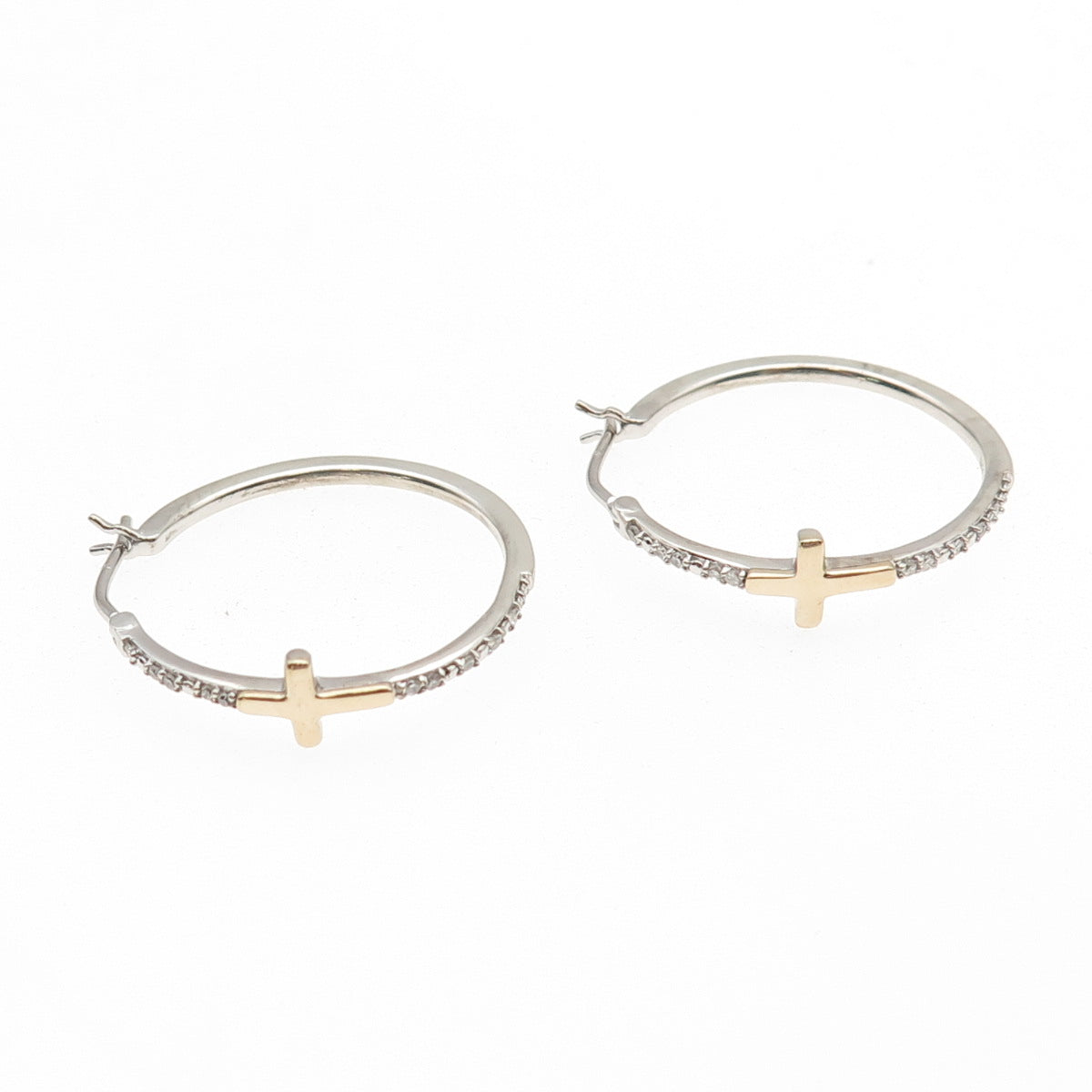 Sun 925 Sterling Silver 10K Gold Real Round-Cut Diamond Cross Hoop Earrings