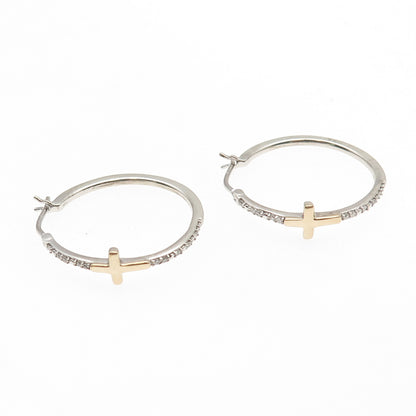 Sun 925 Sterling Silver 10K Gold Real Round-Cut Diamond Cross Hoop Earrings