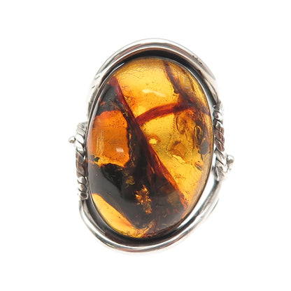 925 Sterling Silver Vintage Real Amber Modernist Oxidized Ring Size 9