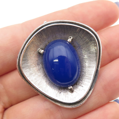 925 Sterling Silver Vintage Real Blue Onyx Modernist Oxidized Pin Brooch Pendant