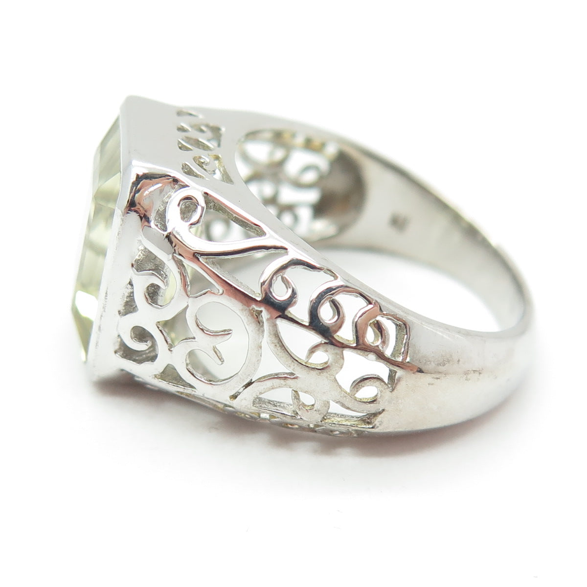 925 Sterling Silver Real Emerald-Cut Lime Citrine Swirl Ring Size 8.25