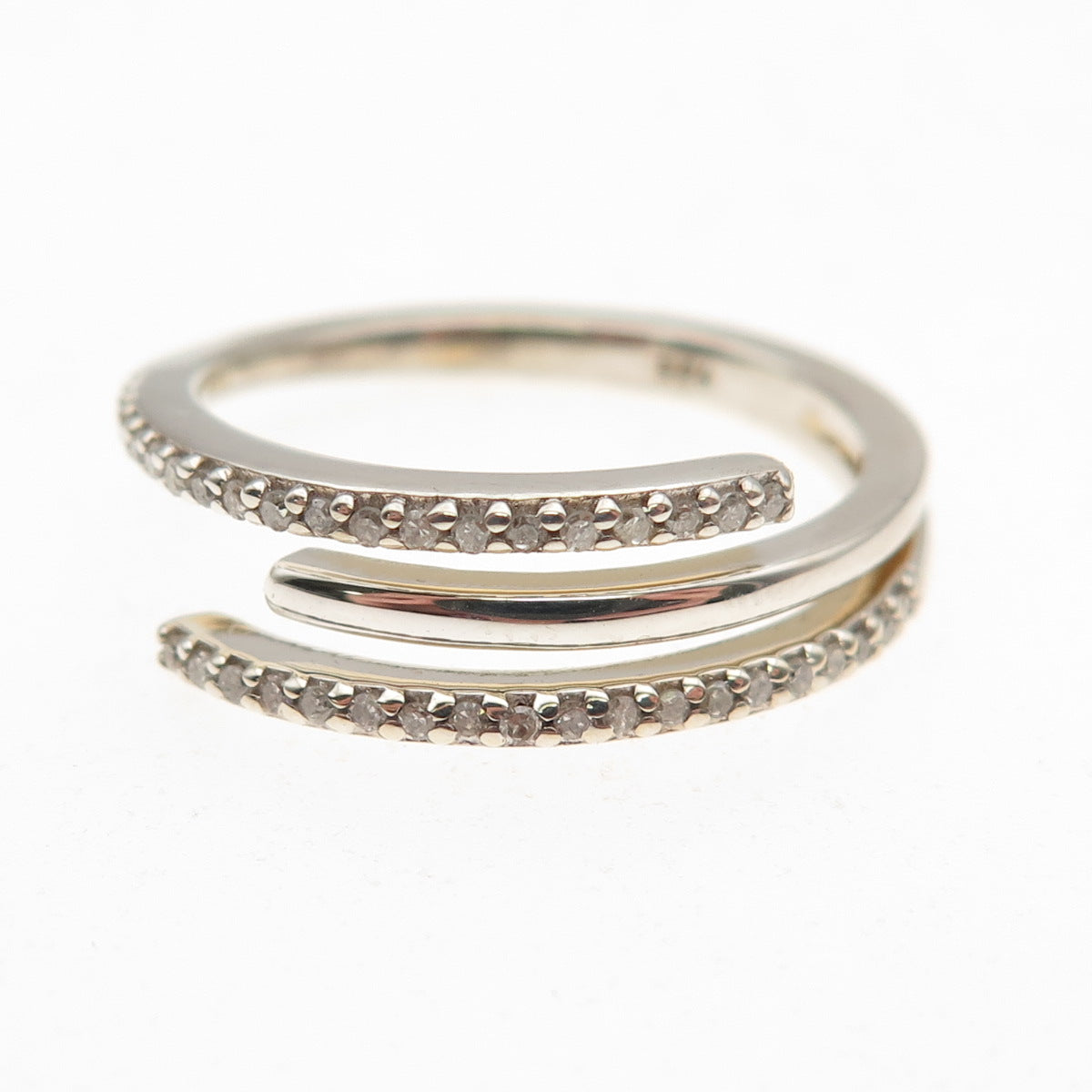 925 Sterling Silver Real Round-Cut Diamond Bypass Adjustable Ring Size 7.25
