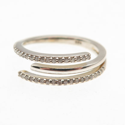 925 Sterling Silver Real Round-Cut Diamond Bypass Adjustable Ring Size 7.25