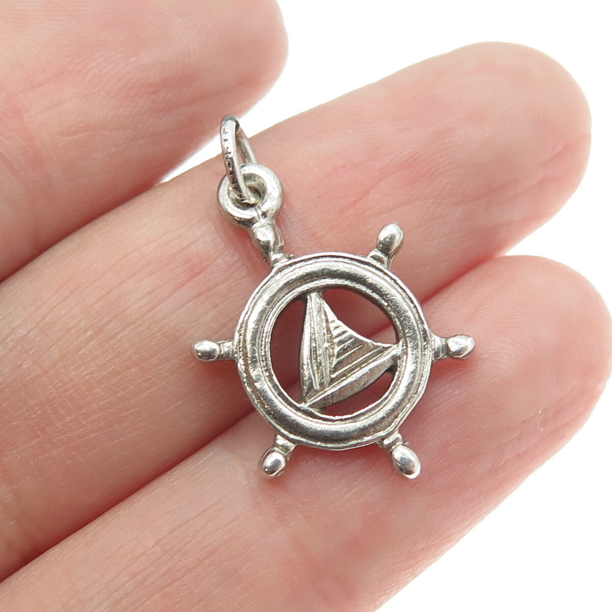 925 Sterling Silver Vintage Sailboat Wheel Minimalist Charm Pendant