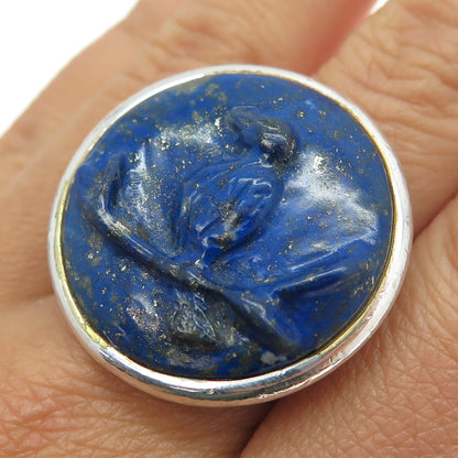 970 Silver Vintage Real Carved Lapis Lazuli Bird Cameo Statement Ring Size 10.25