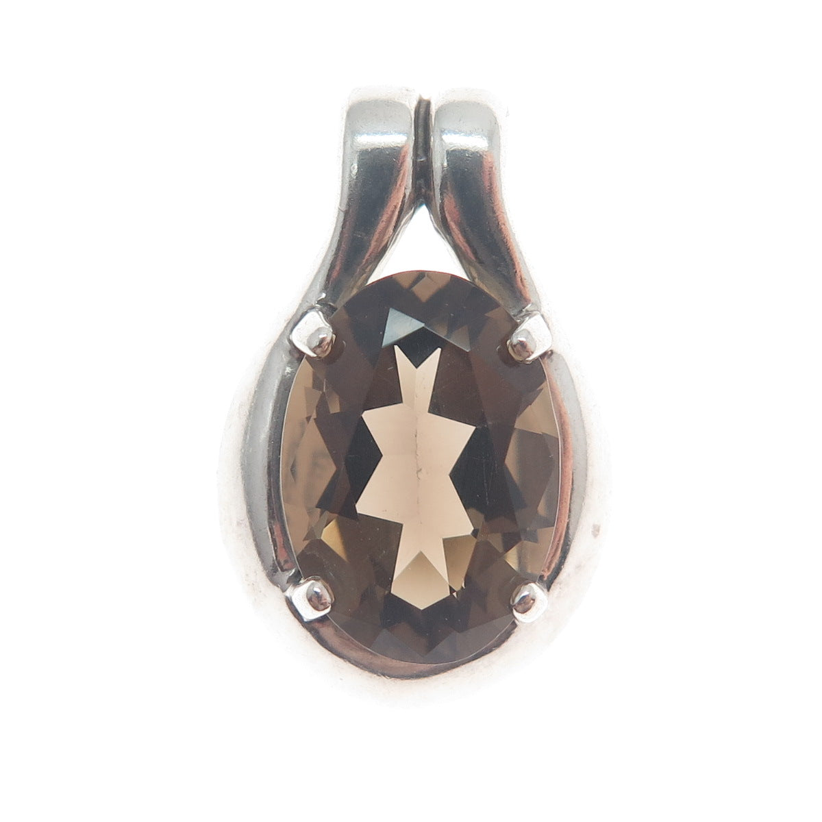 KABANA 925 Sterling Silver Vintage Real Oval-Cut Smoky Quartz Minimalist Pendant