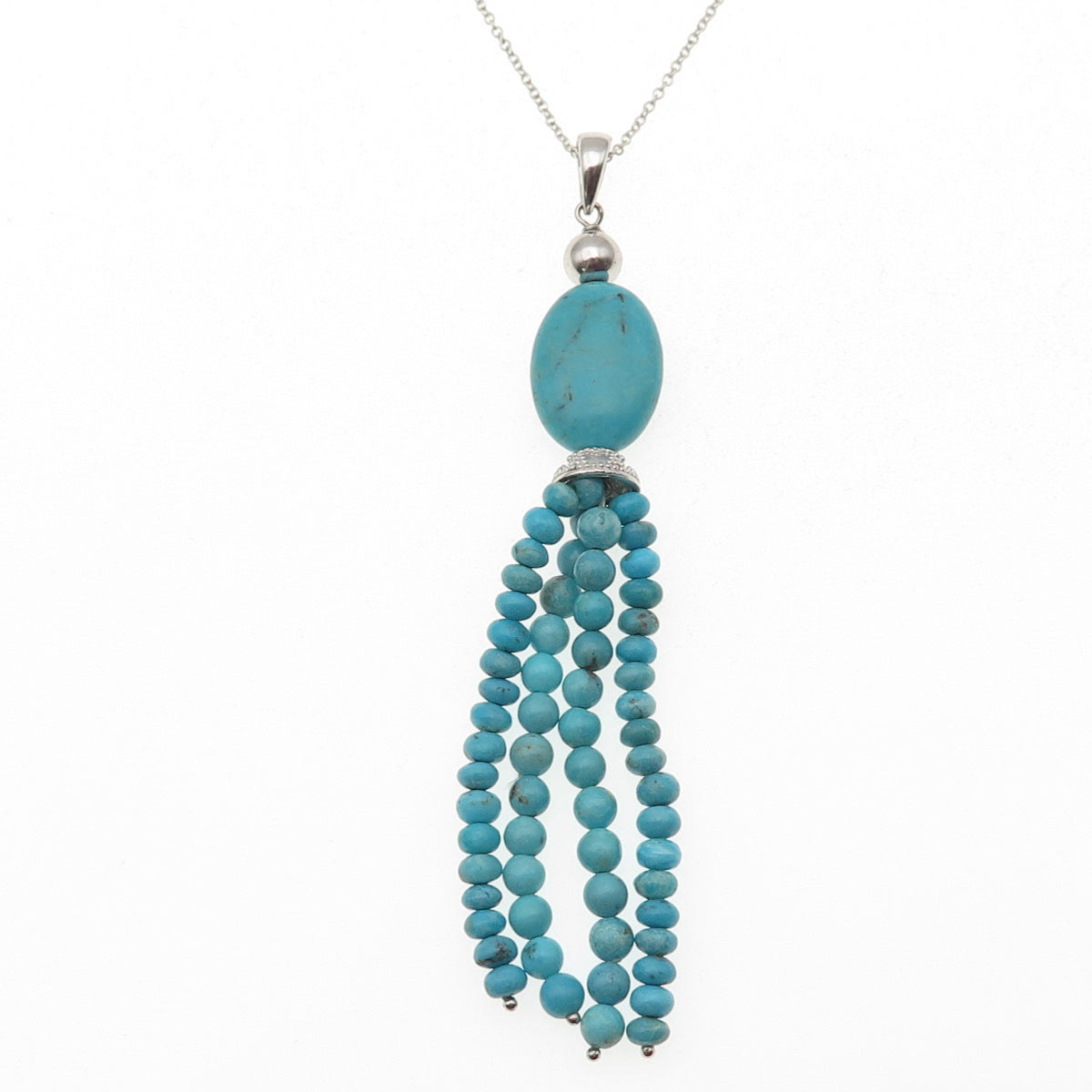 925 Sterling Silver Real Tyrone Turquoise Tassel Cable Chain Necklace 18"
