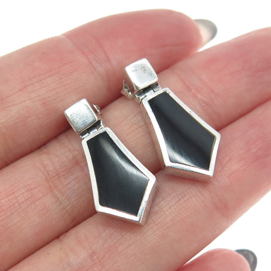 925 Sterling Silver Vintage Real Black Onyx Modernist Earrings