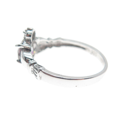 925 Sterling Silver Heart-Cut Mystic Quartz & C Z Irish Claddagh Ring Size 7.5