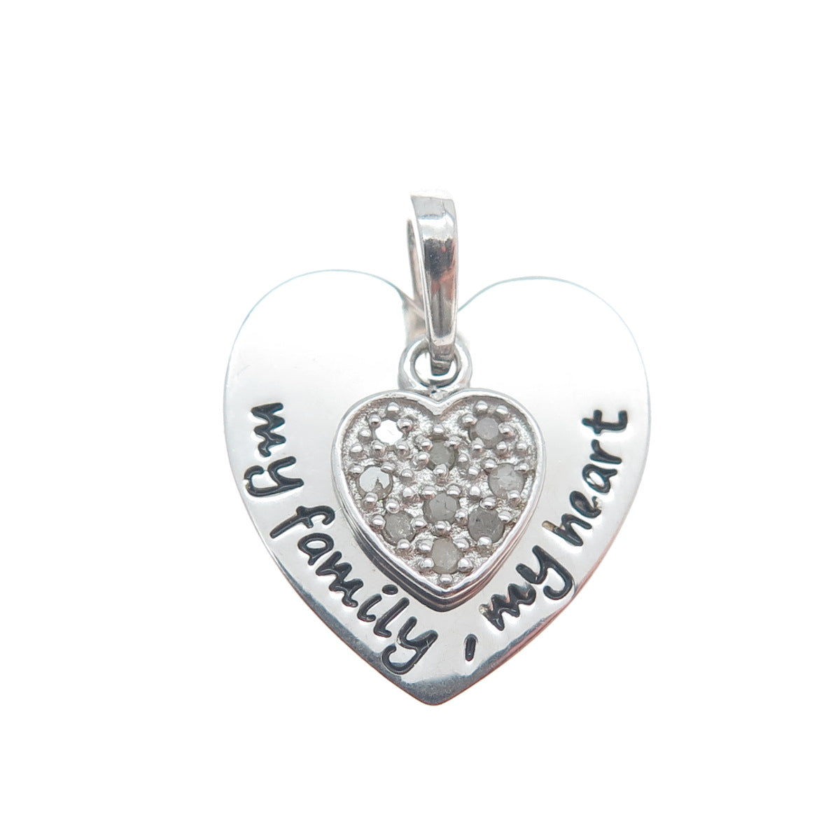 HAN 925 Sterling Silver Real Round-Cut Diamond My Family My Heart Charm Pendant