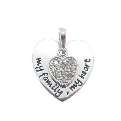 HAN 925 Sterling Silver Real Round-Cut Diamond My Family My Heart Charm Pendant