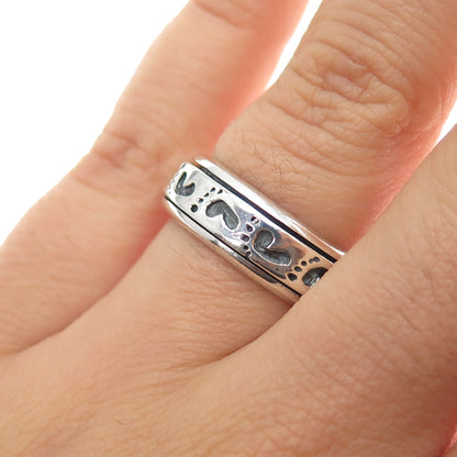 925 Sterling Silver Vintage Baby Footprint Rotating Band Oxidized Ring Size 7