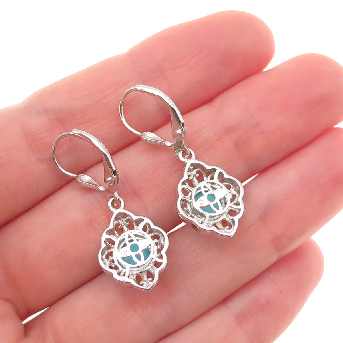 D'Joy 925 Sterling Silver 2-Tone Real Tyrone Turquoise Floral Dangle Earrings