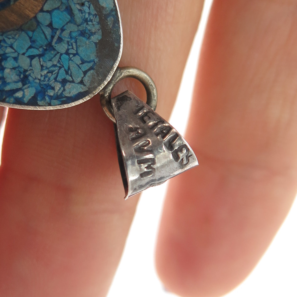 925 Sterling 2-Tone Vintage Metales Mexico Real Turquoise Inlay & Wood Pendant