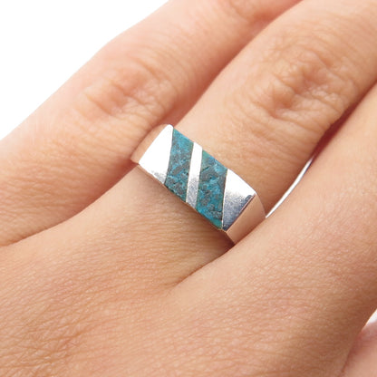 925 Sterling Silver Vintage Mexico Real Turquoise Inlay Ring Size 6.75