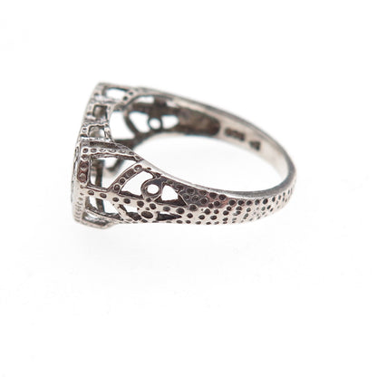 925 Sterling Silver Round-Cut C Z Couple Heart Oxidized Ring Size 6