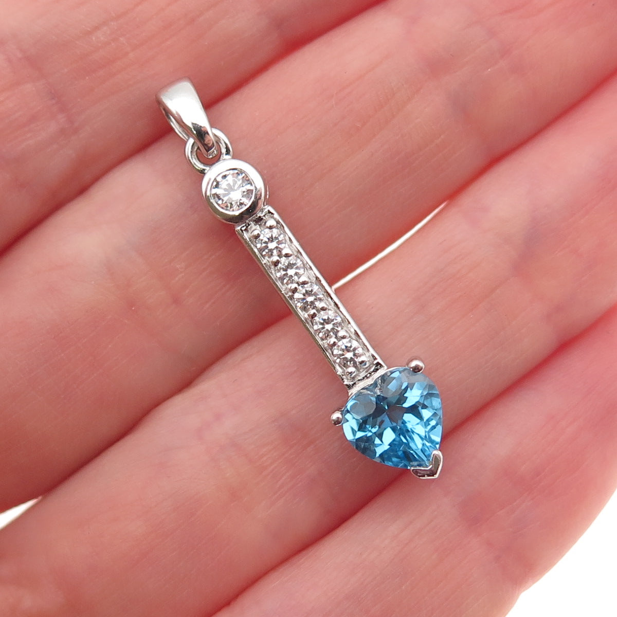 925 Sterling Silver Real Swiss Blue Topaz & C Z Heart Charm Pendant