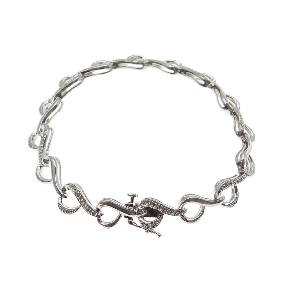 SUN 925 Sterling Silver Real Round-Cut Diamond Heart Link Bracelet 7"