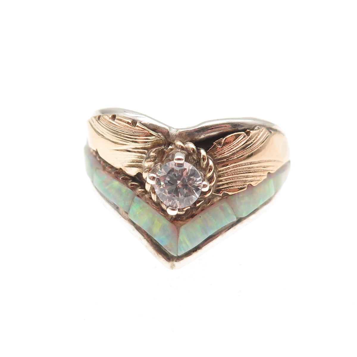 Silver Ray Navajo Old Pawn 925 Sterling 2-Tone Vintage Opal & C Z Ring Size 6
