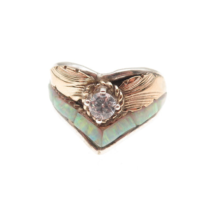 Silver Ray Navajo Old Pawn 925 Sterling 2-Tone Vintage Opal & C Z Ring Size 6