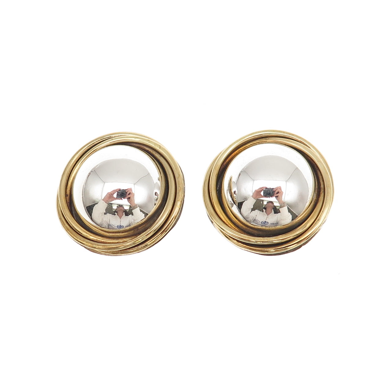 925 Sterling 2-Tone Vintage Mexico Modernist Trinity Dome Clip On Earrings