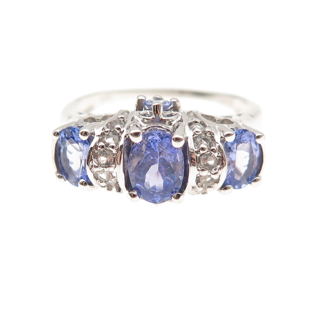 925 Sterling Silver Real Oval-Cut Tanzanite & Round-Cut White Topaz Ring Size 8