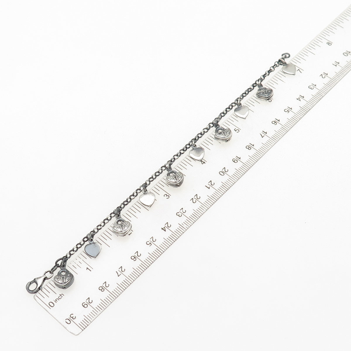 925 Sterling Silver Vintage Italy Heart Lock Charm Rolo Link Bracelet 7"