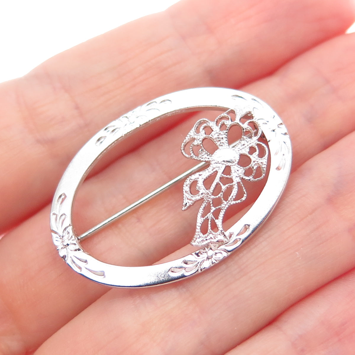 925 Sterling Silver Vintage Flower & Bow Oval Pin Brooch