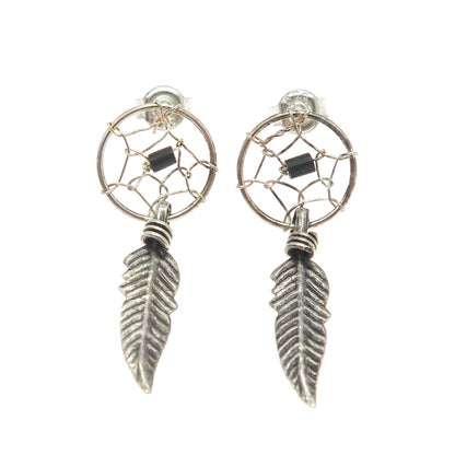 925 Sterling Silver Vintage Southwestern Real Black Onyx Dreamcatcher Earrings