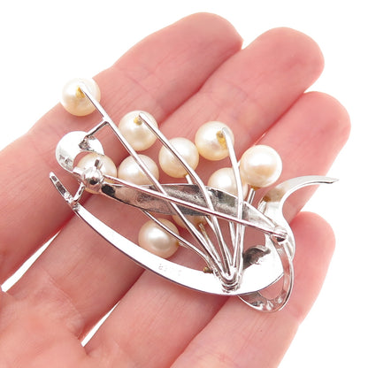 925 Sterling Silver Antique Japan Real Akoya Pearl Floral Pin Brooch