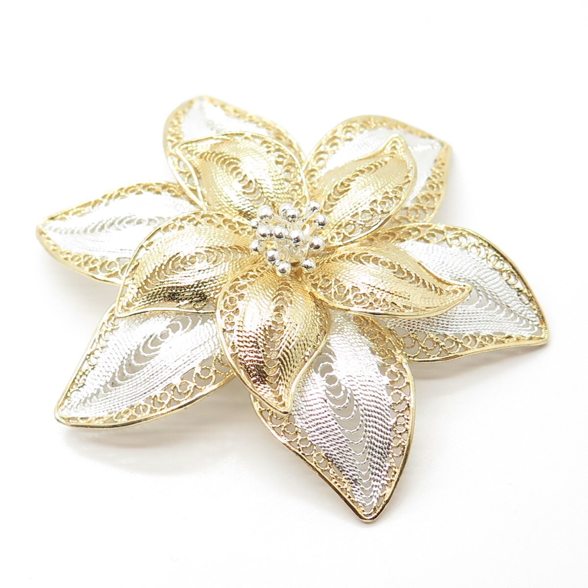 925 Sterling Silver 2-Tone Vintage Filigree Floral Pin Brooch