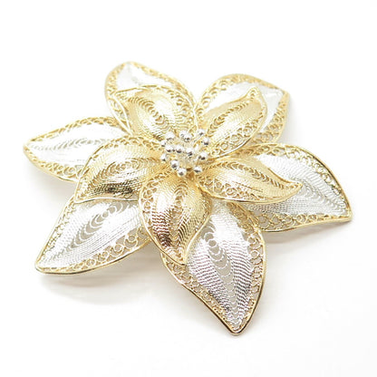 925 Sterling Silver 2-Tone Vintage Filigree Floral Pin Brooch