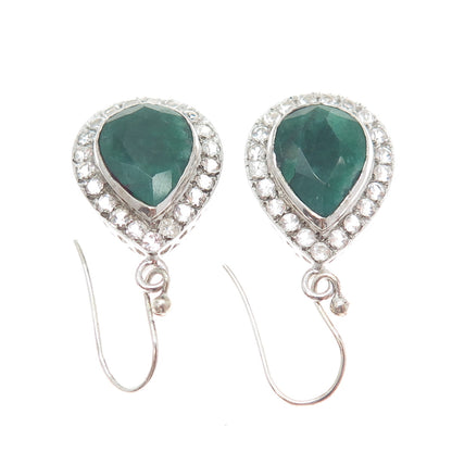 925 Sterling Silver Real Pear-Cut Emerald Round-Cut White Topaz Dangle Earrings